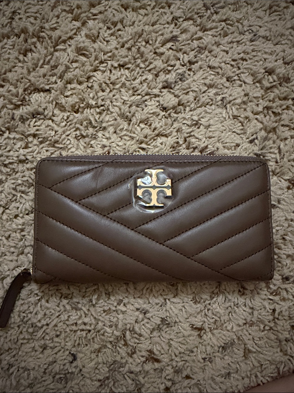 Tory Burch Brown Quilted Zip-Around Wallet with Logo Plaque